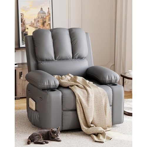 Garvee Oversized Recliner Chair, Manual Recliner for Adults, Faux PU Leather Chair with 1.5X Sponge Filling, for Nursery, Living Room, Bedroom, Grey R