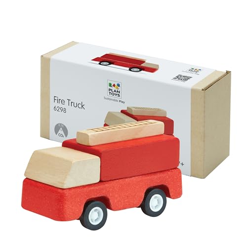 Image of PlanToys® Fire Truck Wooden Montessori Vehicle Toy | Early Movement, Imagination and Practical Life Exploration | Eco Friendly Fire Rescue Truck for Indoor and Outdoor Play