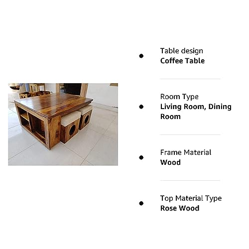 Image of Sheesham Wood Creation Center Table with 4 stools for Home & Office, PureCraft Elite Wooden Coffee Table|Tea Table|Sofa Set Table