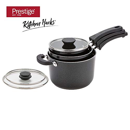 Prestige Kitchen Hacks Set de 3 Utensilios de Cocina de Aluminio, Set de cazos antiadherentes con Tapa, Juego de cazos de Calidad para Todo Tipo de cocinas, Incluidas de inducción