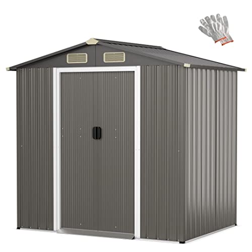 GiantexUK 6x4FT/8x4FT/8x6FT Metal Garden Shed, Outdoor Galvanized Storage House with 4 Air Vents & Lockable Sliding Doors, Slope Roof Utility Shed Building for Backyard Garage (6x4FT, Light+Dark Grey)