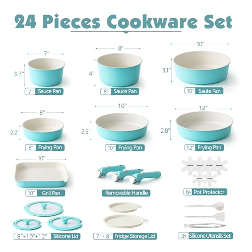 Image of SENSARTE 24 Piece Ceramic Pots and Pans Set, Nonstick Detachable Handle Cookware, Induction Cookware Set with Removable Handle, Healthy Non Stick for RV, Dishwasher&Oven Safe, PFOA Free (Turquoise)