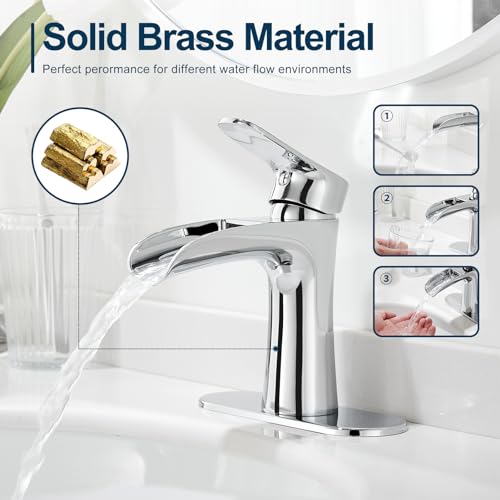 VOTON Chrome Bathroom Faucets Single Handle Waterfall Sink Faucet One Hole or Three Holes with Deck Mount Vanity Farmhouse RV Vessel Basin Faucet thumbnail 4