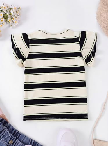Image of Girls Striped Shirt Flutter Sleeve Top Crewneck Cute Summer T Shirts Casual Tees Black Apricot 9-10 Years