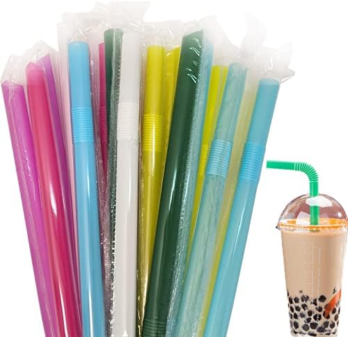 Tuluto 100 Pcs Individually Wrapped Straws, Jumbo Boba Smoothie Milkshake Straws, Multi Colors Bendable Drinking Straws, Plastic Straws Disposable, Drinking Straws with Angled Tip