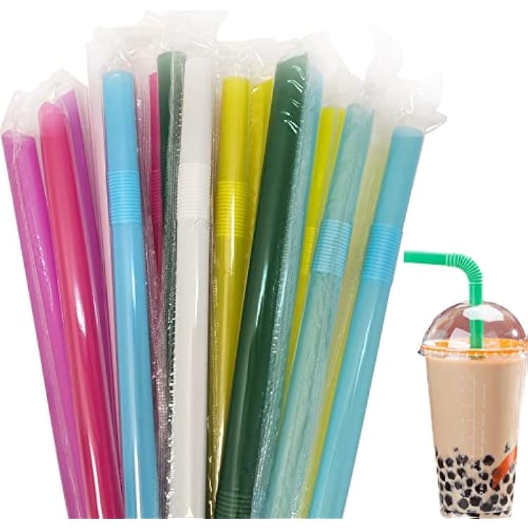 100 Pcs Individually Wrapped Jumbo Smoothie Straws, Colorful Bendy Drinking Straws, 0.43" Diameter and 8.3" long, Plastic Straw Disposable, Boba Milkshake Drinking Straw with Pointed Tip