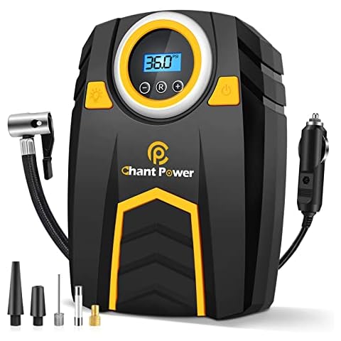 C P CHANTPOWER Air Compressor Tire Inflator,12V DC Car Tire Pump with Digital Pressure Gauge, 150PSI with Car Power Adaptor, Auto Shut Off for Car Tires, Bicycles and Other Inflatables (1-Yellow) Cover