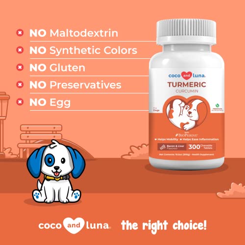 Turmeric For Dogs - Anti Inflammatory For Dogs - 300 Chewable Tablets - Curcumin And Bioperine, Antioxidant, Promotes Pet Mobility, Cardiovascular Health And Liver Health #TOP4