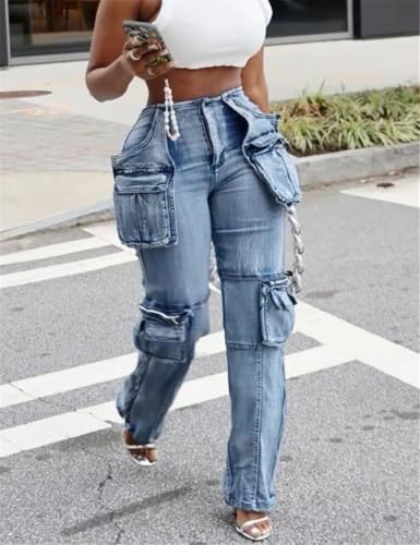 Women Baggy Denim Cargo Straight Leg Jeans with Pockets All Over2