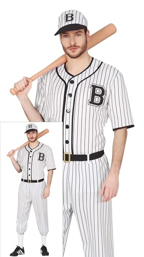 FIESTAS GUIRCA | Costume de Joueur de Baseball Adulte (52-54/L) - T-shirt, Ceinture, Casquette et Pantalon - Costumes Sportifs pour Halloween, Carnaval et Fêtes Déguisées - Homme - Blanc et Noir
