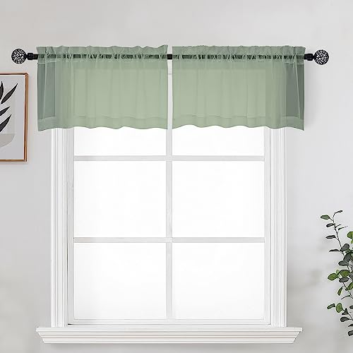 Image of OWENIE Sage Sheer Kitchen Valance for Windows Set of 2, Short Modern Rod Pocket Voile Valance Curtain Window Treatment Decor for Living Room Bathroom Cafe Laundry Basement, 42 inch W x 14 inch L