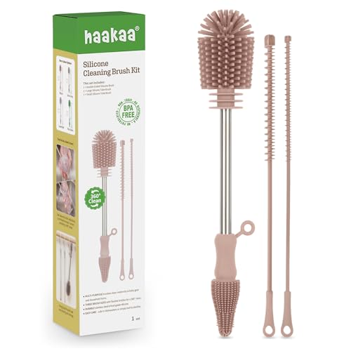 Image of Haakaa Silicone Cleaning Brush, Baby Bottle Brush, Bottle Brush Cleaner Set, Reusable Cleaning Brush for Haakaa Pump, Milk Storage Bags, Straws. All-Round Cleaning, Sturdy Bristles. Pink.