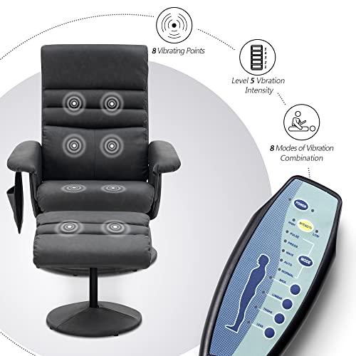 MCombo Recliner with Ottoman, Reclining Chair with Massage, 360 Swivel Living Room Chair Faux Leather, 7902 (Dark Grey)