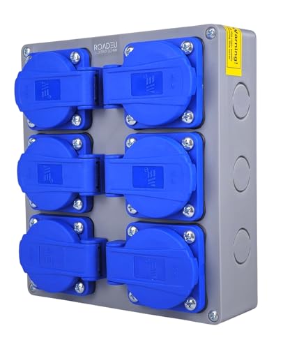 RoadEu – Stromverteiler 6x Schuko 230V | Mehrfachsteckdose IP44 Aufputz 16A | Vorverdrahteter Baustromverteiler mit PG13,5 Kabelverschraubung | Für Baustelle, Keller & Werkstatt