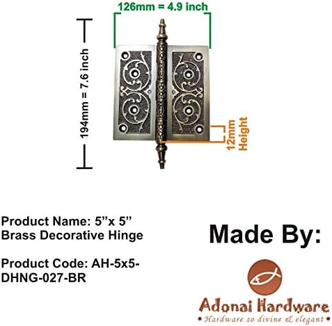 Adonai Hardware Brass Decorative Hinge (Supplied as 2 Pieces per Pack) (5" x 5", Black Powder Coated)