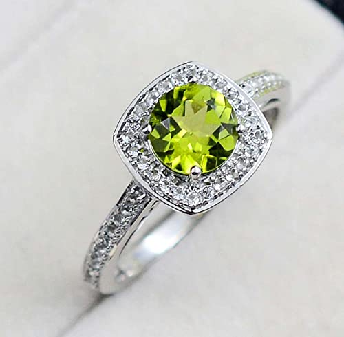 Natural Yellow Peridot 7 Mm Round Cut August Birthstone Gemstone 925 Sterling Silver Solitaire Unisex Proposal Ring For Wedding Gift (Rhodium Plated Silver, 8.5) #TOP2