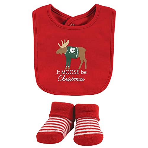 Image of Hudson Baby Unisex Baby Cotton Bib and Sock Set, Moose Be Christmas, One Size