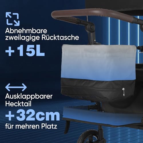 Sekey Bollerwagen Faltbar mit Dach 2 Kinder 150KG, Faltbarer Bollerwagen Handwagen Schiebegriff, Kinderwagen Stoßfest PU Räder mit Bremsen 110L, SS5050, Grau – Bild 6
