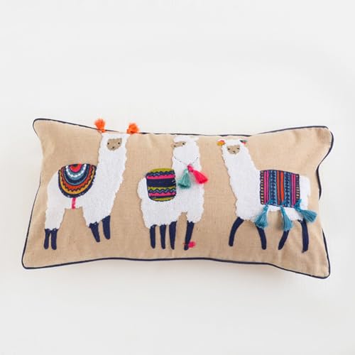 Lawnoval Funda de almohada de lino y algodón bordada marroquí hecha a mano, funda de cojín étnico bohemio para sofá o dormitorio, 45 x 45 cm