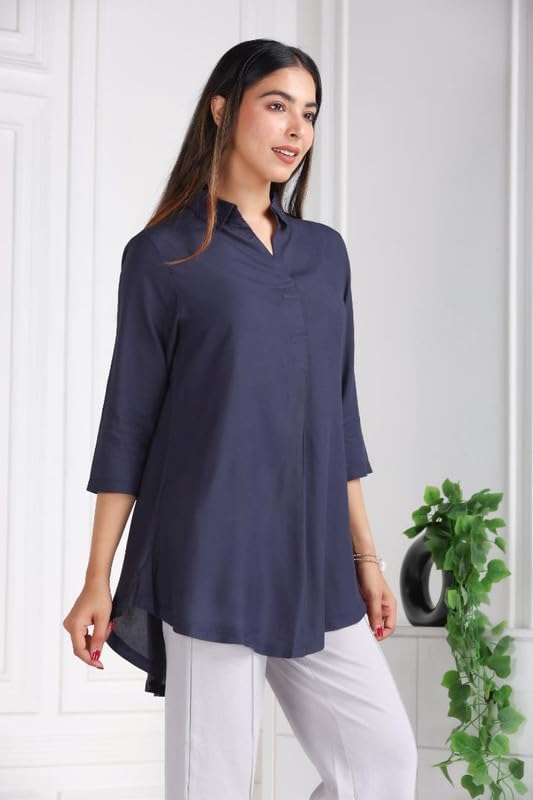 Image of Mlada Rayon Flare Top for Women | 3 /4th Sleeve Regular Fit and Flare Top | Women Office Tops Tunic | Western Long Shirt Top for Women | Shirt Collar Top for Women | Rayon Tunic Tops for Women Western