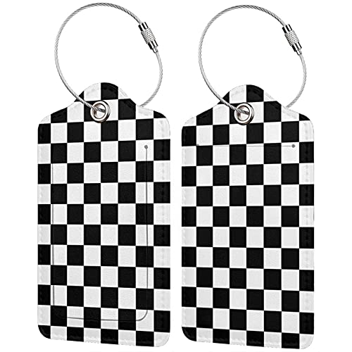 2 Pack Luggage Tags for Travel PU Leather Luggage Tag Name ID Labels with Privacy Cover for Suitcases Women Men Kids Girls (Black and White Grid)