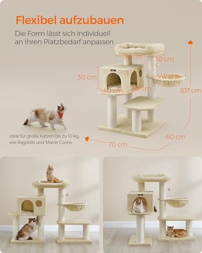 Feandrea Kratzbaum für große Katzen, XXL, hochbelastbar, Katzenturm mit 6 extra dicken Kratzsäulen, große Plattform, Höhle, Korb, flexibel aufbauen, abnehmbare, waschbare Kissen, beige PCT01M – Bild 6