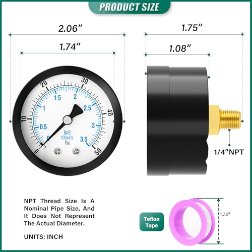 Image of 0-50PSI Well Pump Pressure Gauge 2 inch Dial Size, 1 /8 inch NPT Back Mount, 3-2-3% Accuracy, for Tube, Water Pump, Gas, Liquid, Pressure Test