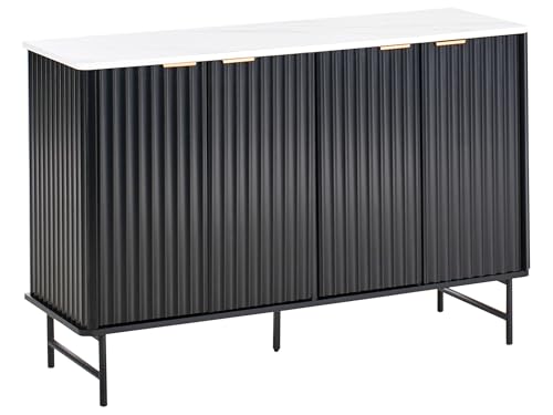 Beliani Modern Sideboard Living Room Bedroom Cabinet 4 Door MDF Metal Legs Marble Effect Top Black Glastonbury