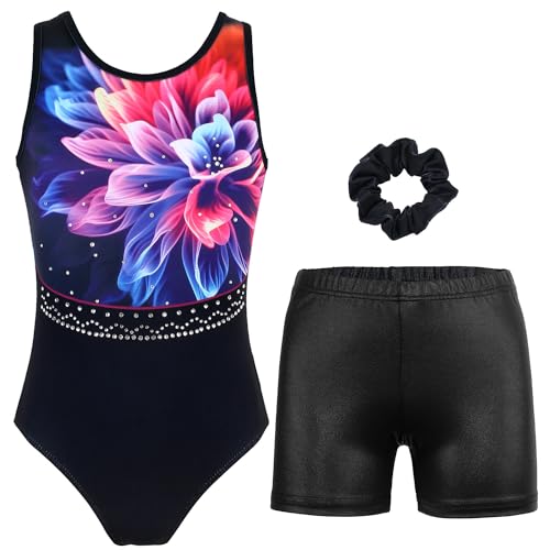 Gymnastics Leotards for Girls with Shorts Sparkly Ballet Dance Activewear Black Flower Set 4-5T