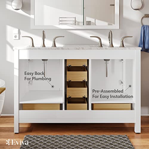 Eviva Aberdeen White 48" X 22" Bathroom Vanity Double Sink Bathroom Vanity W/Carrara Marble Top Bathroom Decor 48 Inch Modern Bathroom Sink Vanities For Contemporary Cabinets W/Soft Closing Drawers #TOP6