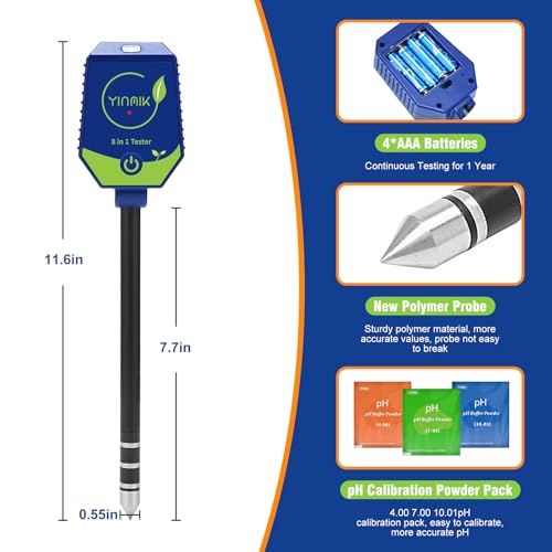 YINMIK pH Moisture Meter Smart Soil Test Kit Garden pH Meter Hygrometer pH Conductivity Meter for Hydroponic 8 in 1 Farm pH Moisture pH Moisture EC Fertility Salt Sunlight Air Humidity Temp Tester