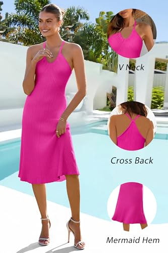 Image of Arach&Cloz Women's Knit Adjustable Halter V Neck Summer Vacation Dress 2025