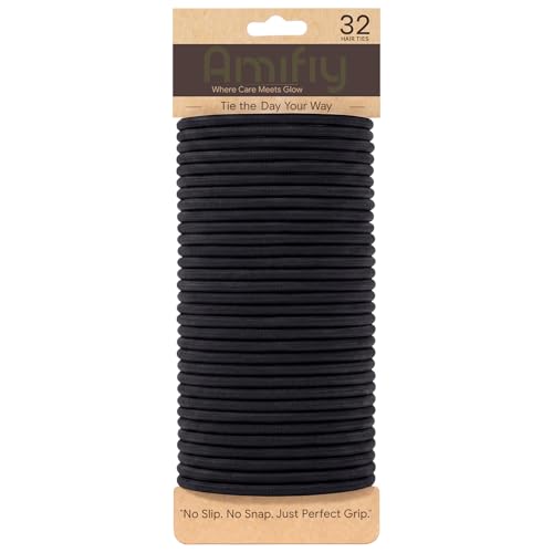 Amifiy Black Hair Ties No Damage Organic Ponytail Holders Hair Accessories for Women & Men 4mm Hair Elastics Fits All Hair Types (32 Count)