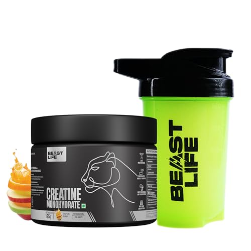 Image of BeastLife Micronised Creatine Monohydrate with Free Shaker | 125g | 33 Servings | Tropical Tango | NABL Lab Tested | Rapid Absorption for Muscle Strength & Athletic Performance | Super Micronised Creatine Powder