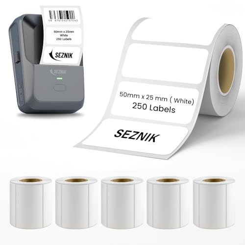 Image of SEZNIK Thermal Lables, 50mmx25mm Label Roll Paper, 2 inch Self-Adhesive Thermal Paper For Thermal Printer [Printer NOT Included] (White - 50mmx25mm - Thermal Label Roll-Pack Of 5), 250 Labels