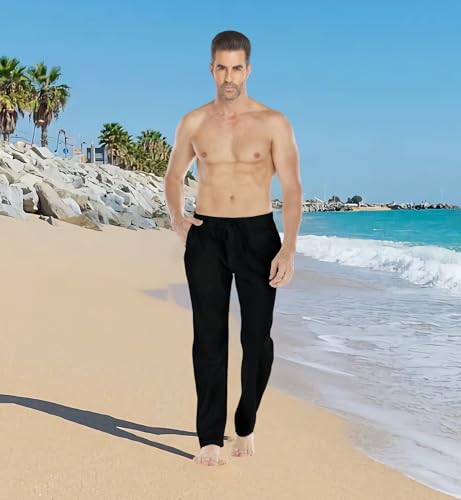 Image of Mens Loose Fit Linen Pants Casual Lightweight Drawstring Stretch Cotton Linen Pants for Men Summer Beach
