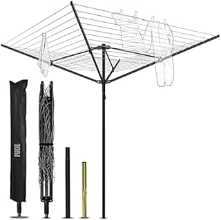 FUDE Rotary Clothes Airer Dryer Washing Line 50m Outdoor Garden 4 Arm folding Rotary Washing Lines with Free Metal Ground Spike and Cover(Black)