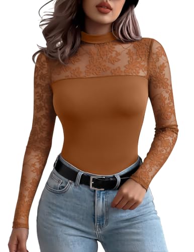 Zeagoo chemise dentelle maille longue manche col rond brun pour femme