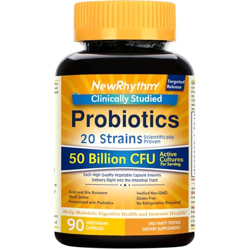 NewRhythm Probiotics 50 Billion CFU 20 Strains, 90 Veggie Capsules, Targeted Release Technology, Stomach Acid Resistant, No Need for Refrigeration, Non-GMO, Gluten Free