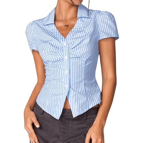 Womens Y2k Button Down Shirt Lapel V Neck Short Sleeve Blouse Striped Slim Fit Ruched Tops Split Front Tees Streetwear 6