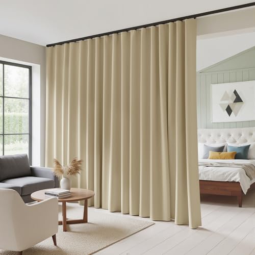 Image of RYB HOME Extra Wide Blackout Curtain with Hooks, Ceiling Mounted & Rod Pocket, Thermal Insulated Privacy Assurd Curtain Partition for Office /Living Room, Beige, W180 x L96, 1 Panel