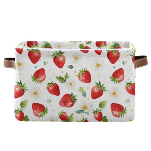 Pfrewn Storage Bins Fabric Storage Baskets with Handles, Strawberries Leves Pink Red-2 Collapsible Organizer Bin Foldable Laundry Hamper Box for Closet Bedroom Nursery Home Decor, 1 Pack