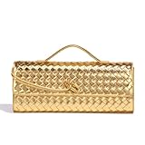 Picture of Dreubea Women's Handmade Woven Evening Bag Casual Leather Shoulder Handbag Fashion Crossbody Clutch Purse Golden