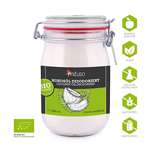 mituso Bio Kokosöl desodoriert 1 Liter | Geschmacksneutral - Ideal zum Braten, Backen, Frittieren | vegan, ohne Zusätze - Vielseitig für Haut & Haar | im Drahtbügelglas