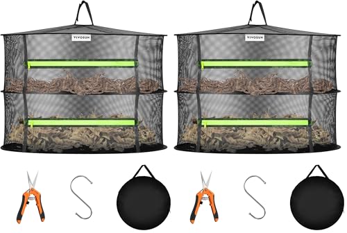 Image of VIVOSUN 2-Layer Mesh Drying Rack Hanging Design with Green Zippers for Dehydrating, Indoor and Outdoor Pruning Shears Included (Pack of 2)