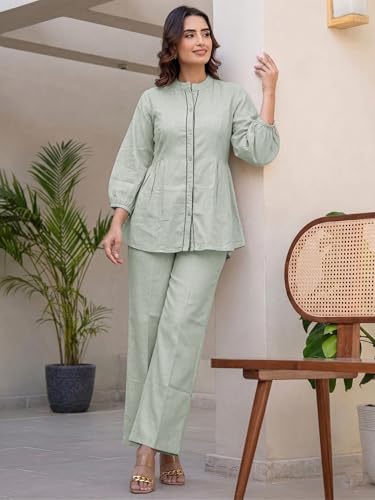 Image of TAGDO Co Ord Set for Women Stylish | Linen Kurta Set for Women | Mandarin Neck & Button Kurti Tops with Straight Fit Pants | Casual, Office & Travel Wear Two-Piece Outfit (2062)