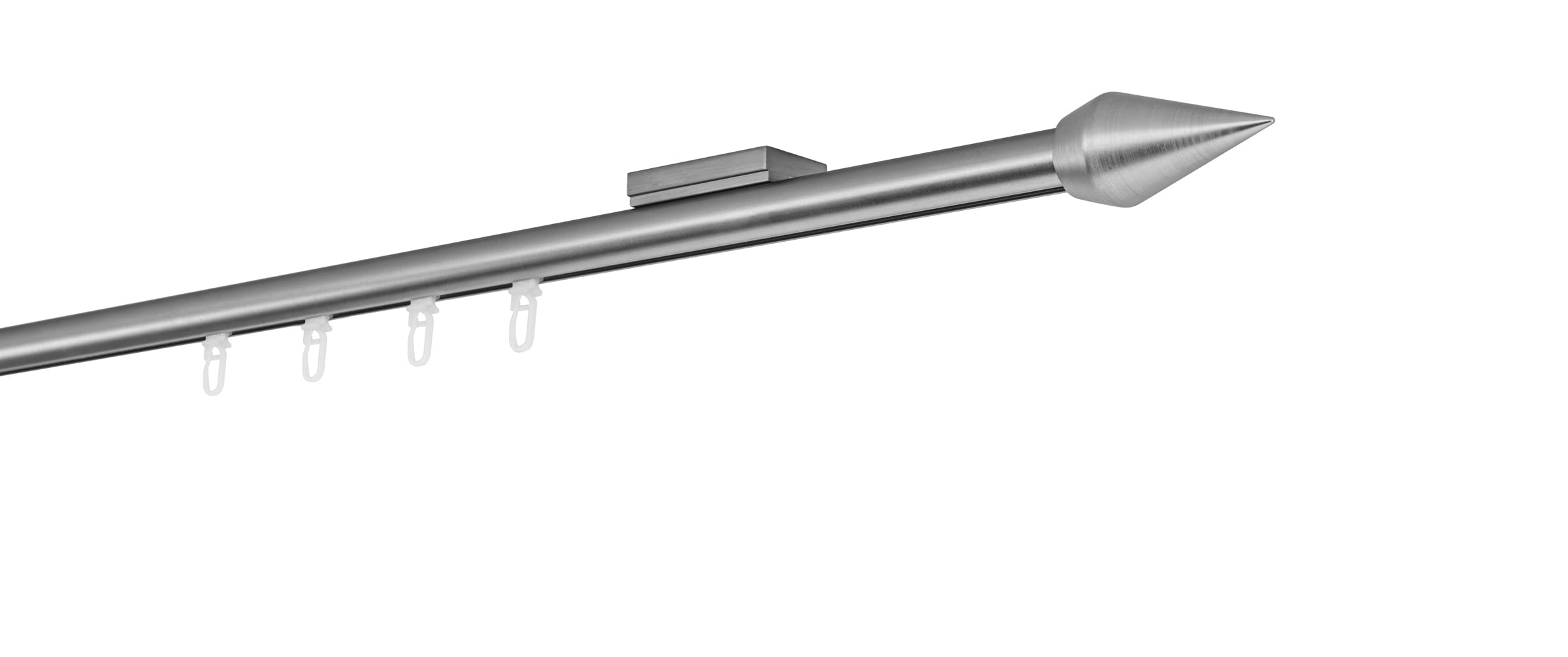 Gardinenstange auf Maß Innenlauf 20mm Kegel 1-lauf Vorhangstange Deckenträger 1,1cm Stilgarnitur mit Gleiter für Vorhänge Edelstahl-Optik 380cm