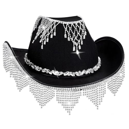 Vacation Hats Tassels Hand Beading Crystal for Girl for Carnivals Music Festival Black