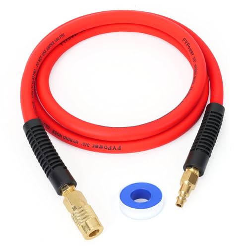 FYPower Hybrid Air Compressor Hose 3/8 in x 6 ft Lead in Hose Heavy Duty Lightweight Flexible and Kink Resistant Whip Hose with 1/4 Industrial Brass Fittings Red
