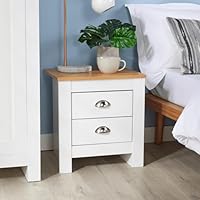 Home Source Bedroom 2 Drawer Bedside Nightstand, Oak Effect Top, Metal Handles, White
